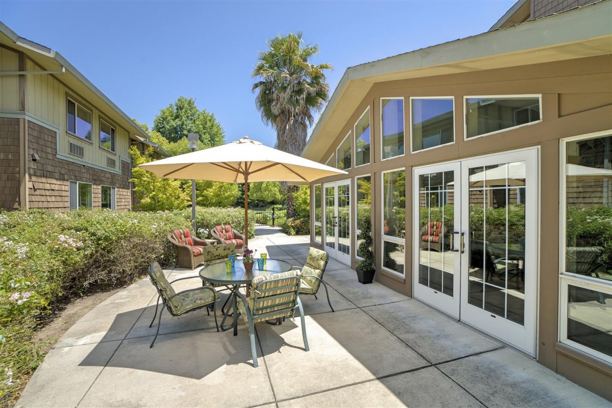 A sunny patio with outdoor seating and a garden view.