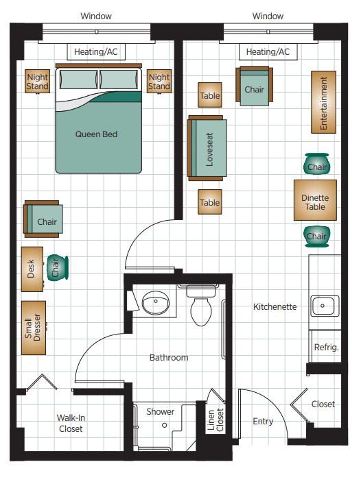 A one-bedroom apartment floor plan showing the layout of rooms and furniture.