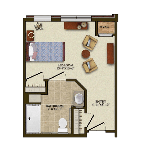 A floor plan of a compact studio apartment featuring a combination living and sleeping area, kitchenette, and bathroom.