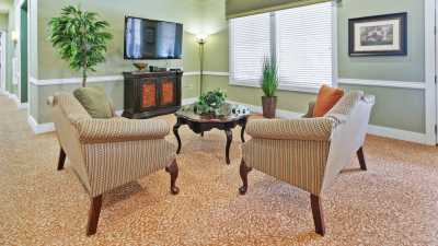 A cozy living room with comfortable chairs, a table, and greenery accents.