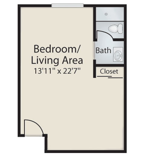 Studio apartment floor plan with combined bedroom and living area.
