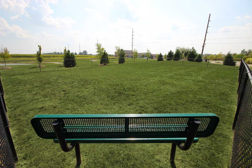 A park bench overlooking a grassy field, inviting moments of relaxation and reflection.