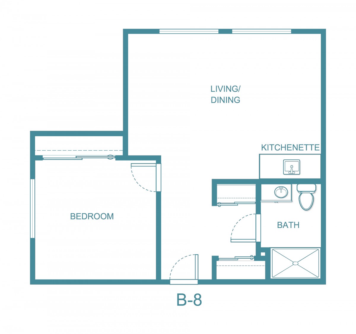 A floor plan of a one-bedroom apartment with a living/dining area, kitchenette, and bathroom.