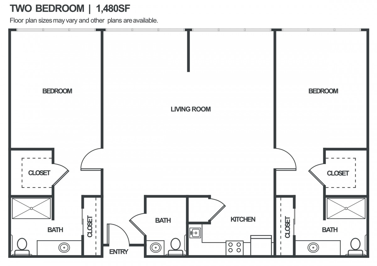A floor plan of a two-bedroom apartment with a central living room and kitchen.