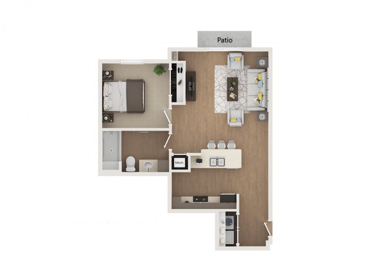 A floor plan showing a one-bedroom apartment with an open kitchen and living area, including a balcony.