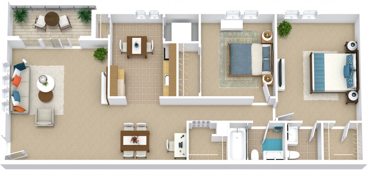 A top-down view of an apartment floor plan featuring a bedroom, bathroom, kitchen, and living area.