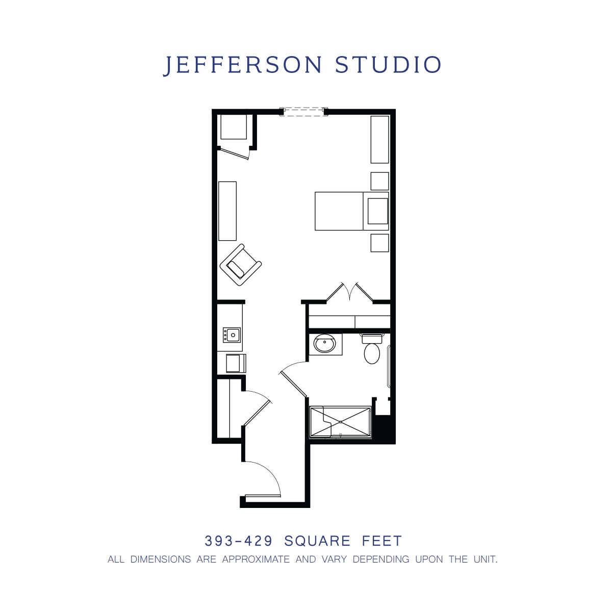 Floor plan for the Jefferson Studio, detailing a compact studio apartment layout.