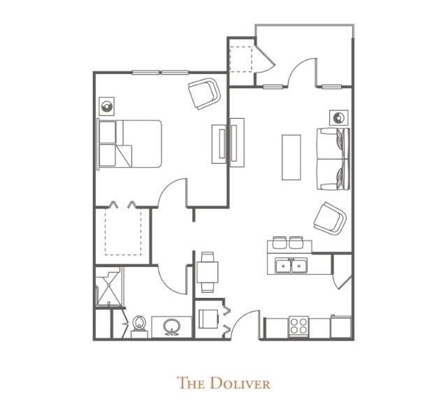 The floor plan of an apartment labeled 'The Dogwood', showing the arrangement of rooms and furniture.