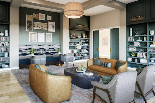 A stylish and modern living room featuring comfortable seating, curated artwork, and elegant shelving.