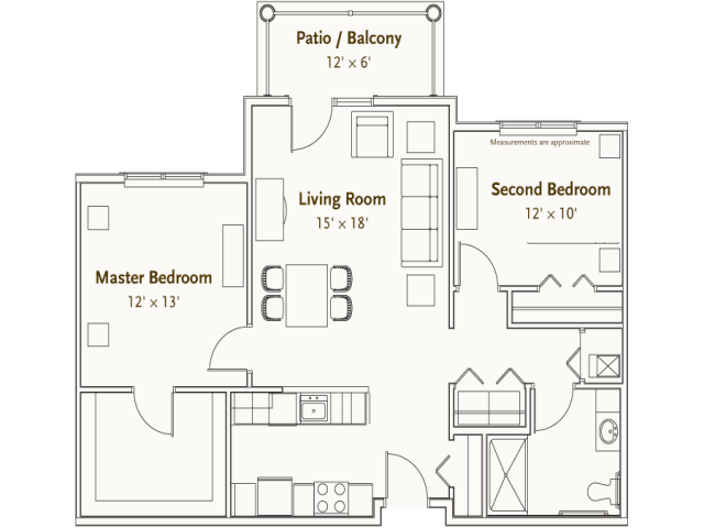 A detailed floor plan of an apartment showing the layout of rooms including a master bedroom, second bedroom, living room, and patio/balcony.