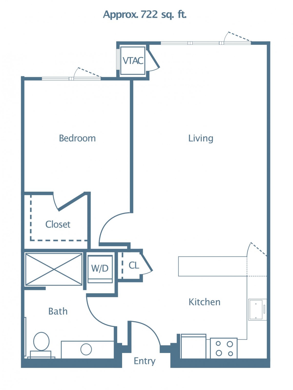 1-bedroom apartment floor plan with living area, kitchen, and bathroom layout.