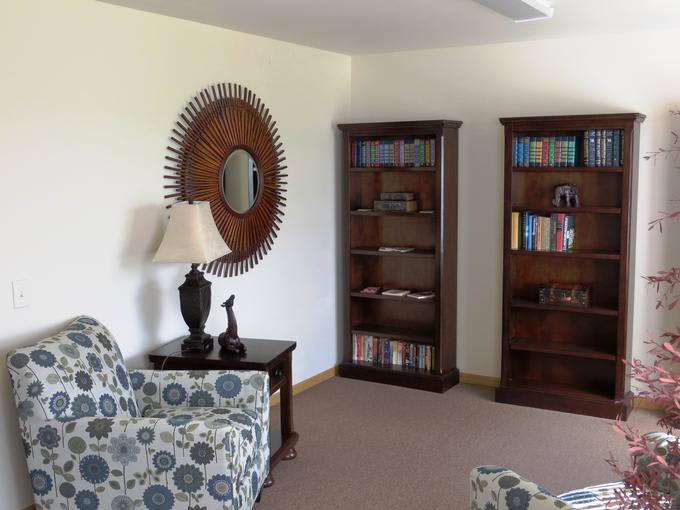 A cozy living room with bookshelves and stylish decor.