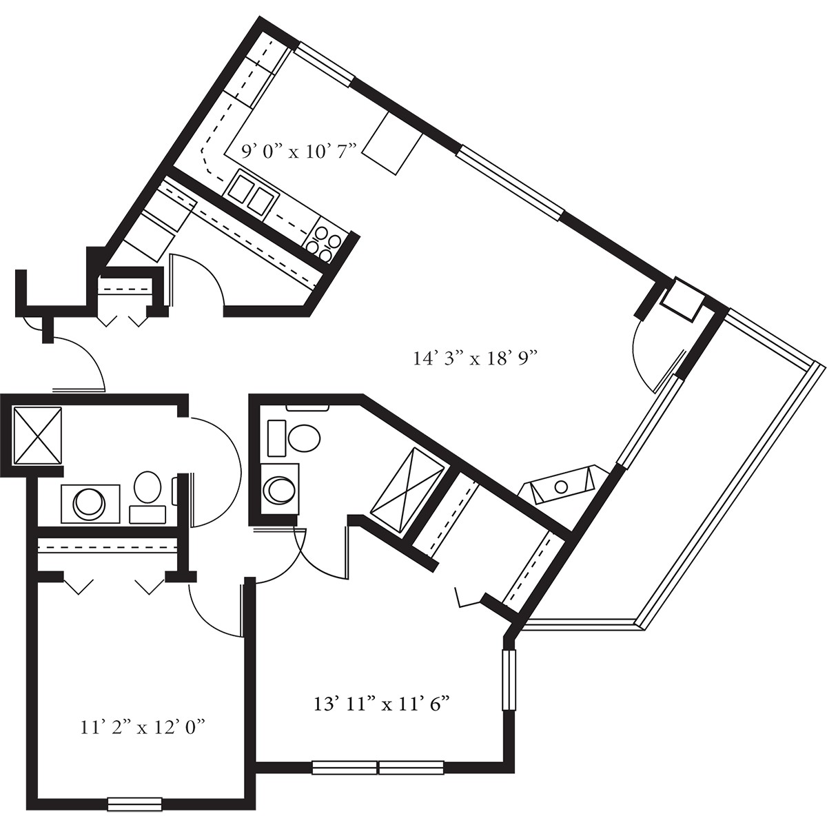 A floor plan depicting a two-bedroom apartment layout with a kitchen and bathroom.