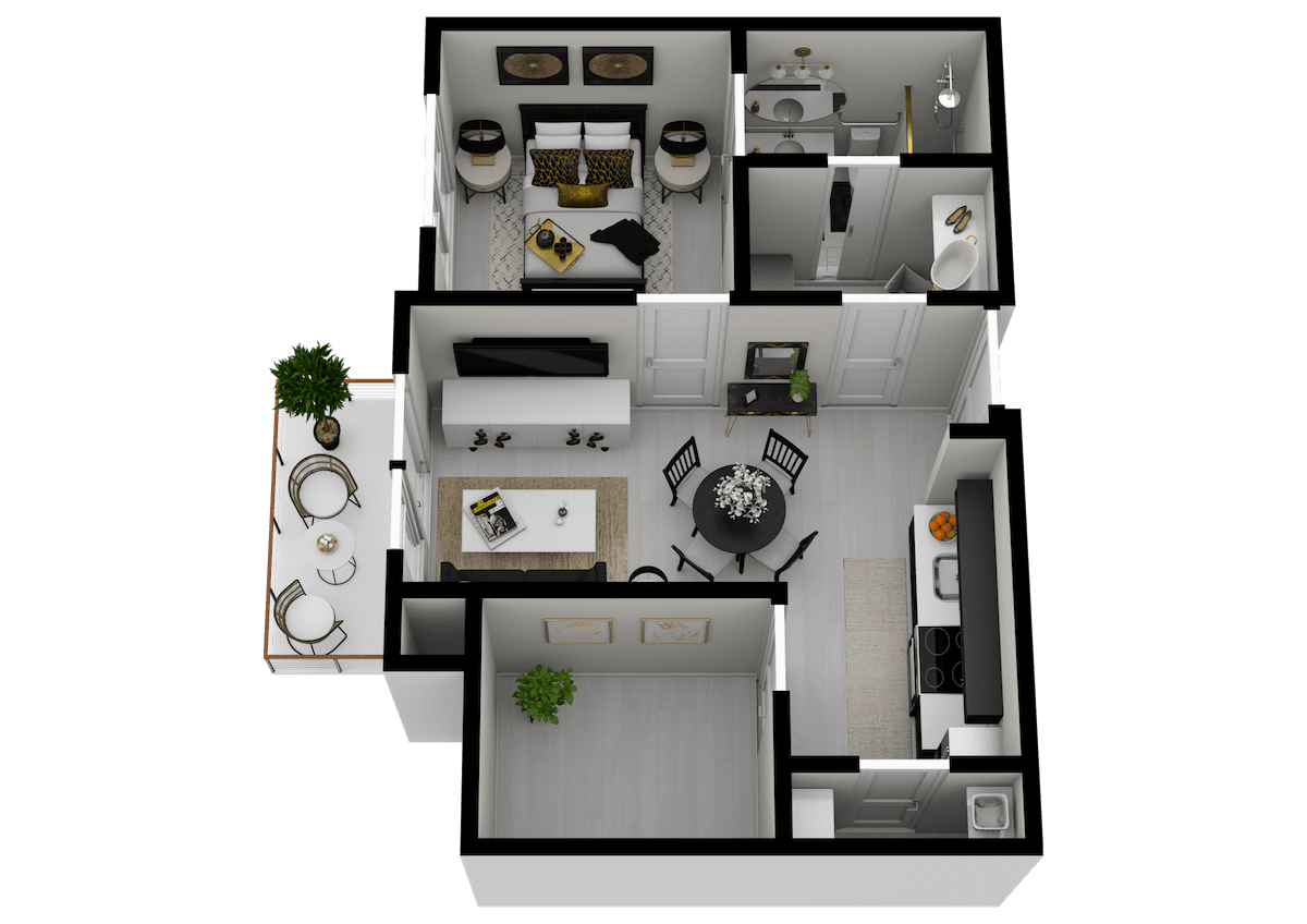 3D floor plan of a modern apartment showcasing a detailed interior layout.