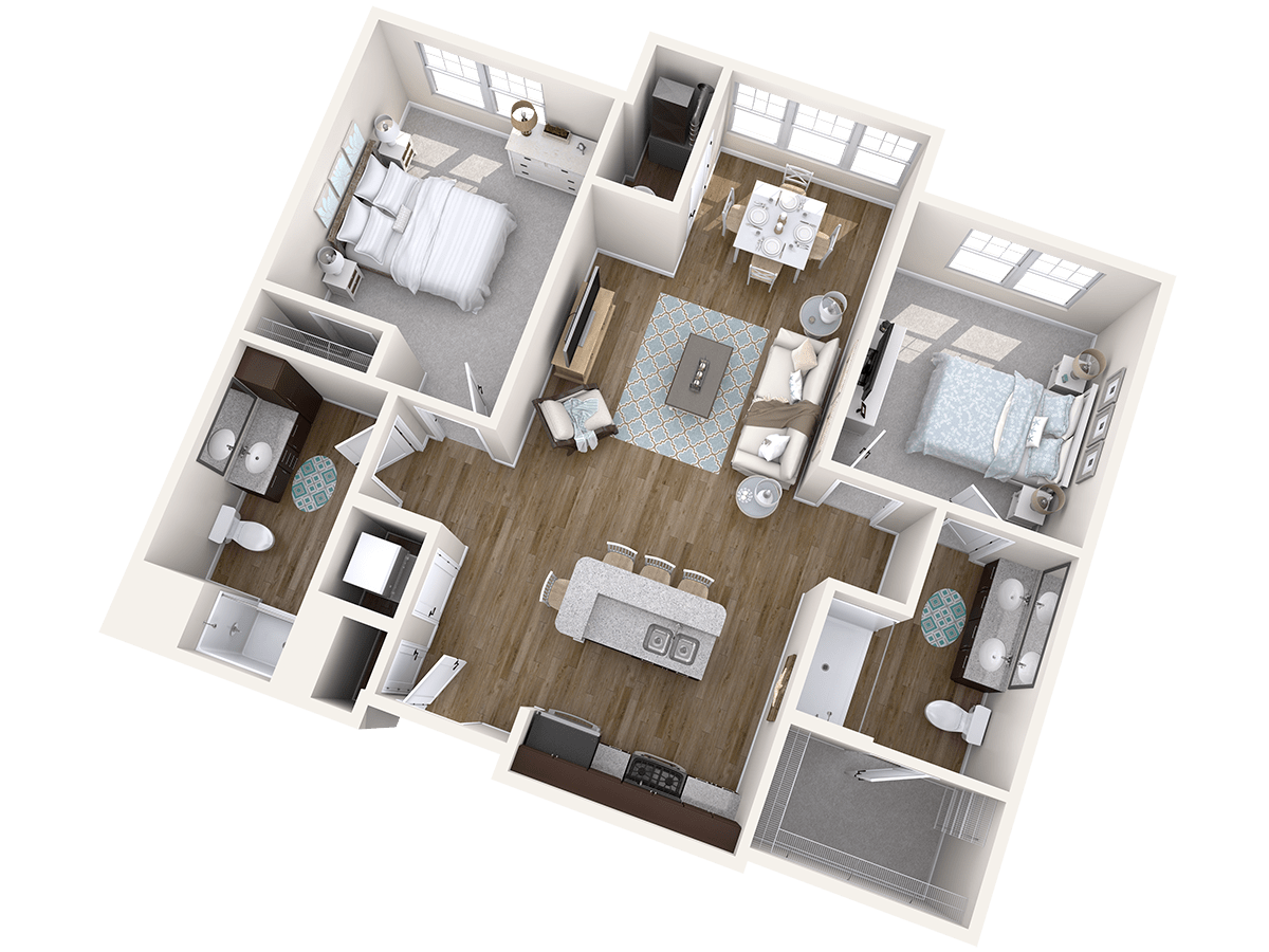 A 3D rendered floor plan of a two-bedroom apartment with an open living and dining area.