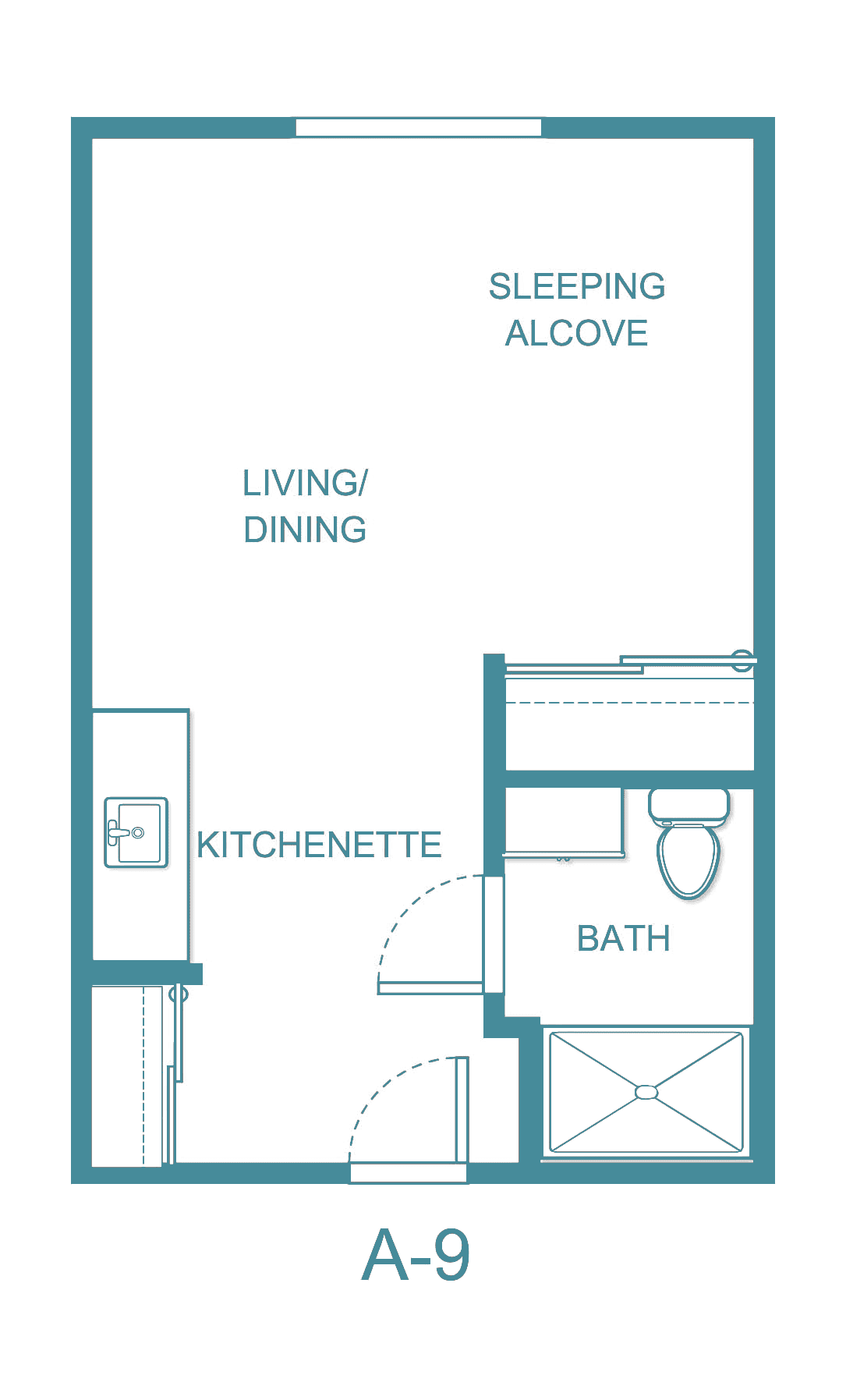 Floor plan of a studio apartment with a kitchenette, living/dining area, sleeping alcove, and bathroom.