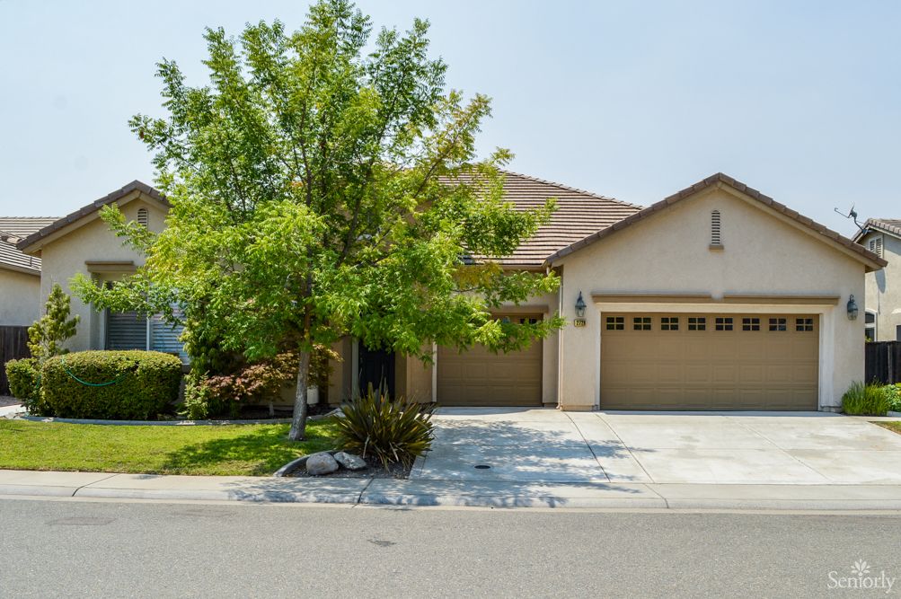 A suburban house with a two-car garage and a tree in the front yard.