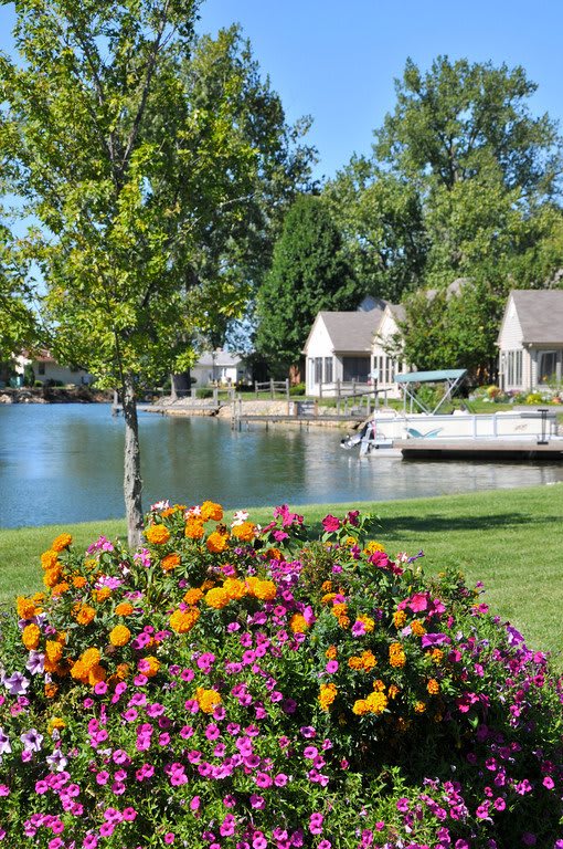 A scenic view of a lakeside area featuring vibrant flowers, cozy houses, and a serene dock.