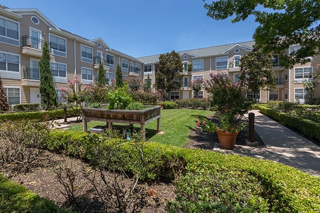 A beautifully landscaped courtyard with lush greenery and a multi-story building in the background.