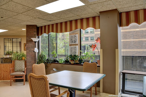A cozy dining area with plants and natural light streaming through large windows.