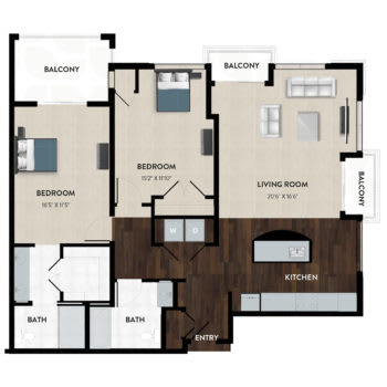 A floor plan of a two-bedroom apartment with a living room, kitchen, bathroom, and two balconies.