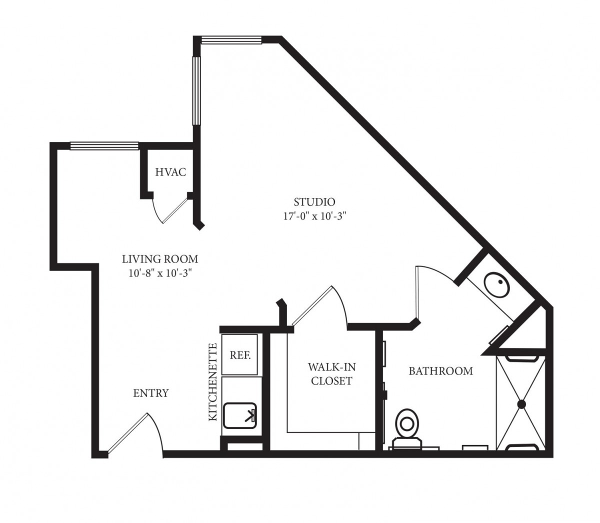 A floor plan of an apartment featuring a living room, kitchen, bathroom, and a walk-in closet.