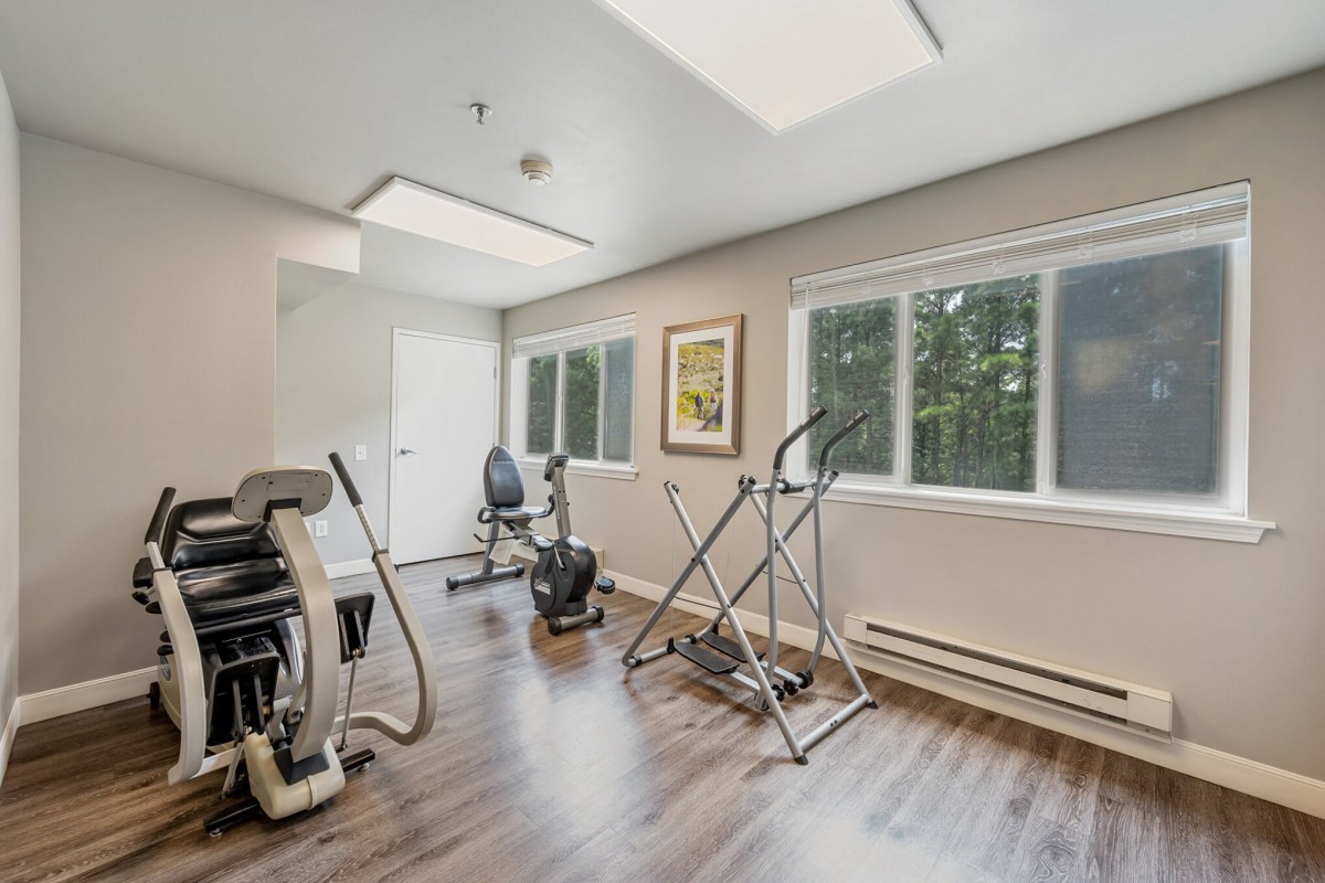 A bright home gym with various exercise equipment and large windows.