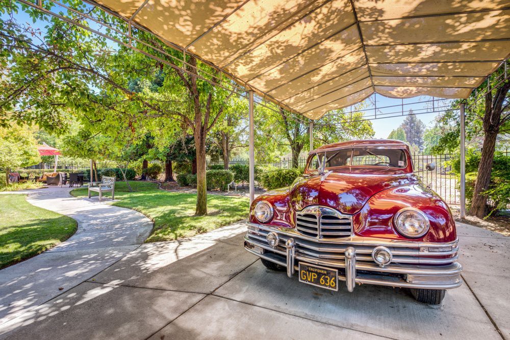 A classic red vintage car parked under a shade canopy on a sunny day, surrounded by lush greenery.