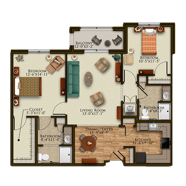 A detailed floor plan of a two-bedroom apartment featuring a living room, kitchen, and bathroom.