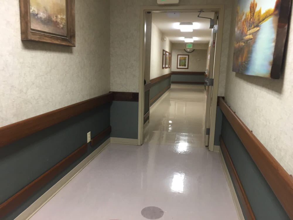 An empty hospital corridor with paintings on the walls.