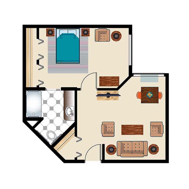 A floor plan of a one-bedroom apartment featuring a living room, bedroom, and bathroom.
