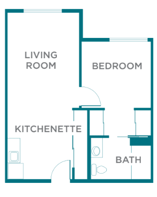 A simple floor plan showing a small apartment layout with a living room, bedroom, kitchenette, and bathroom.