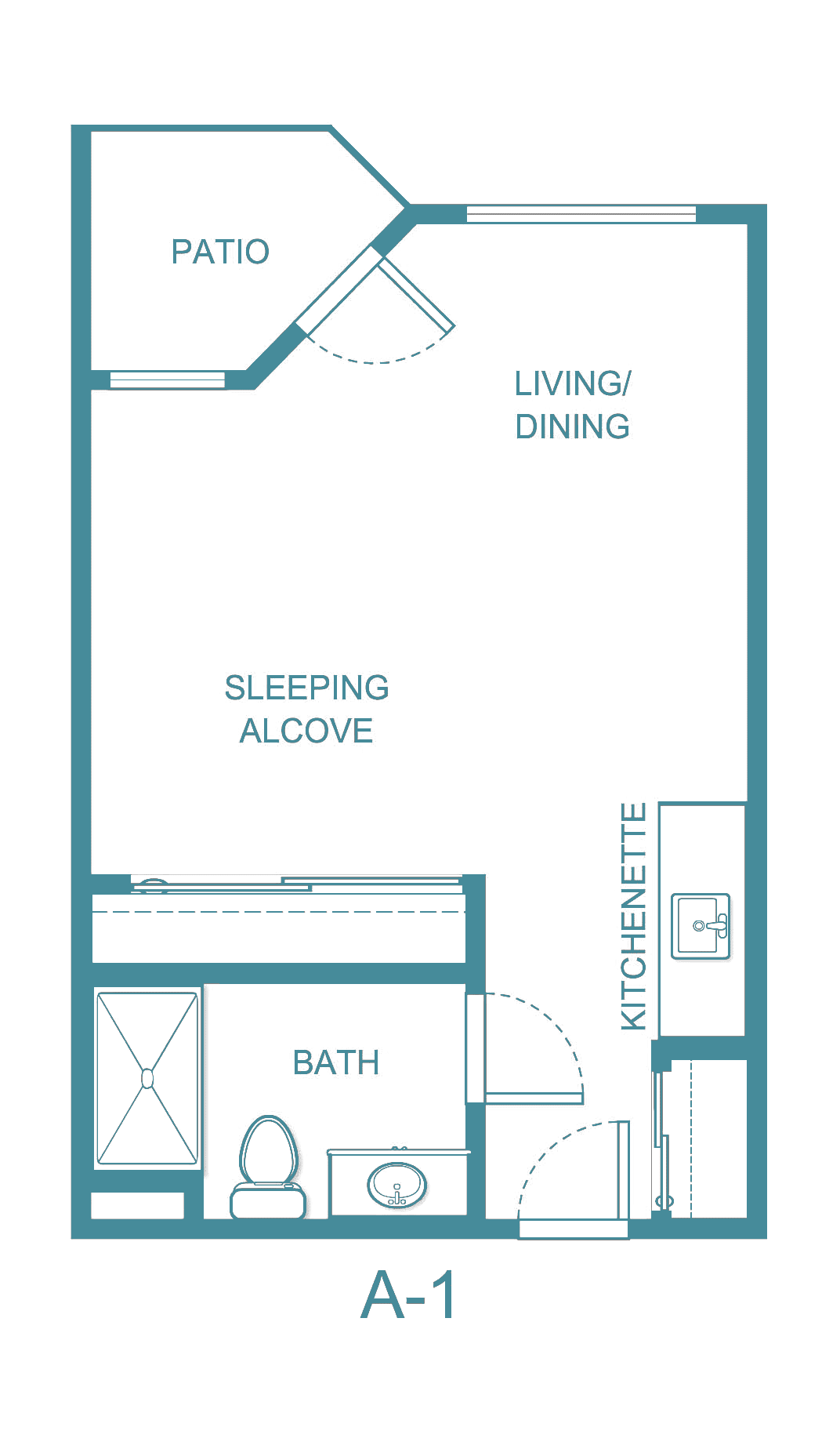 Studio apartment floor plan with living area, sleeping alcove, kitchenette, and bathroom.