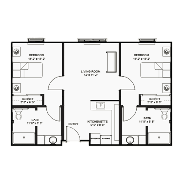 A detailed floor plan of a two-bedroom apartment with shared living and kitchen areas.