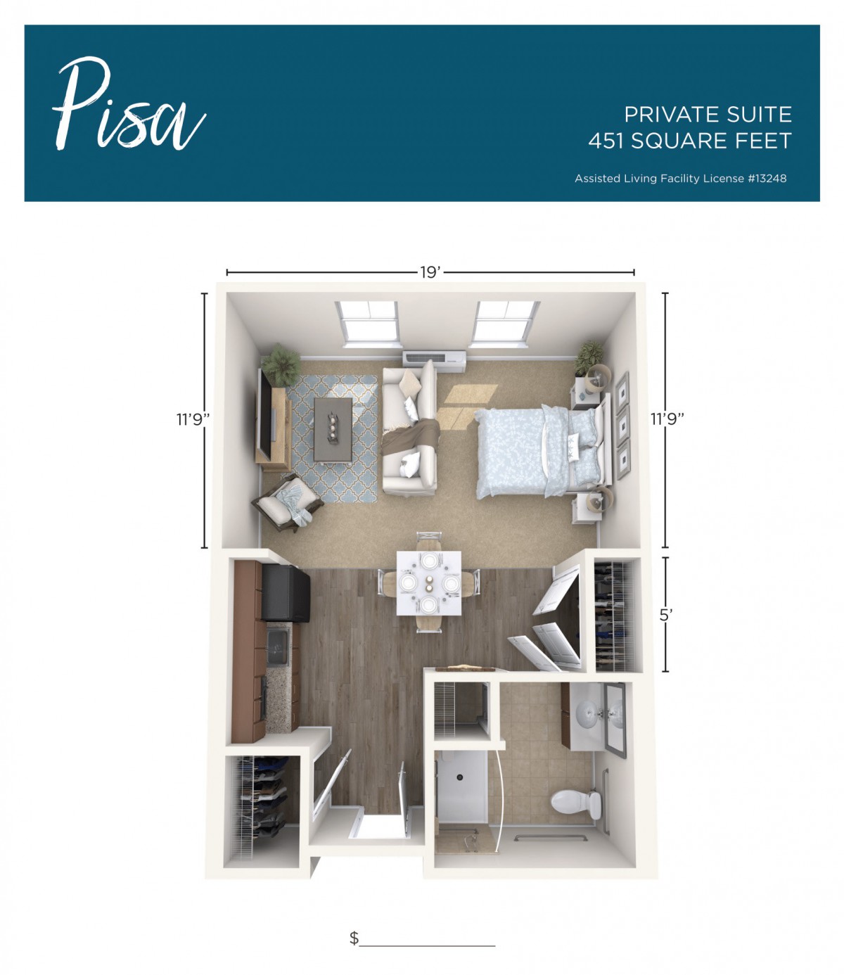 A 415 square foot apartment floor plan labeled 'Pisa', featuring a living area, bedroom, kitchen, and bathroom.