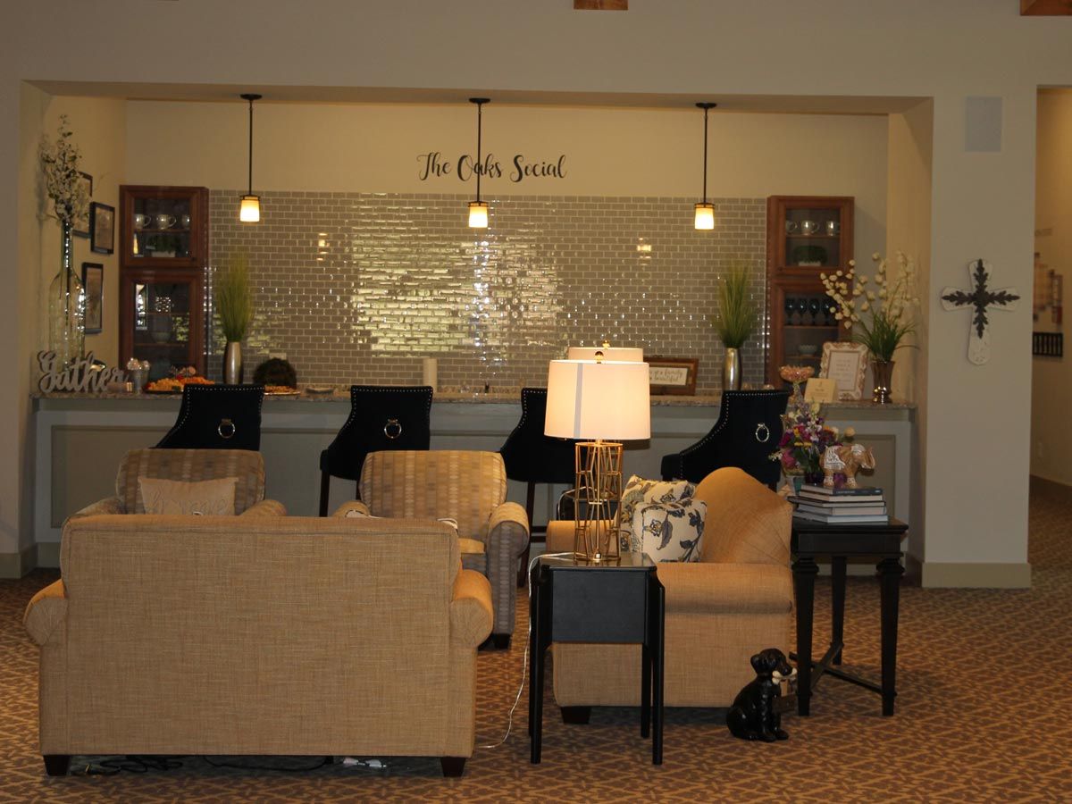 A cozy lounge area with comfortable seating and ambient lighting.