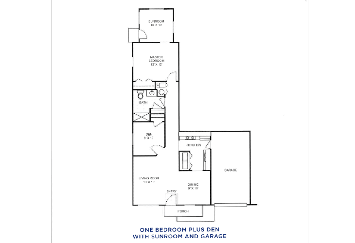One-bedroom apartment layout with den and garage.