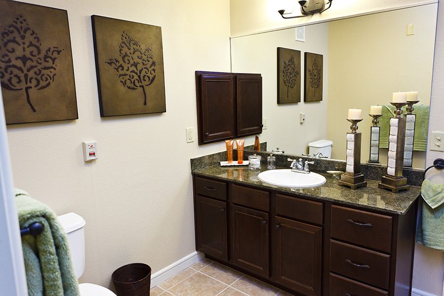 A well-organized bathroom with a dark wooden cabinet, a sink, toilet, and decorative wall art.