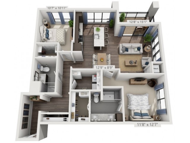3D floor plan of a modern two-bedroom apartment with open living spaces.
