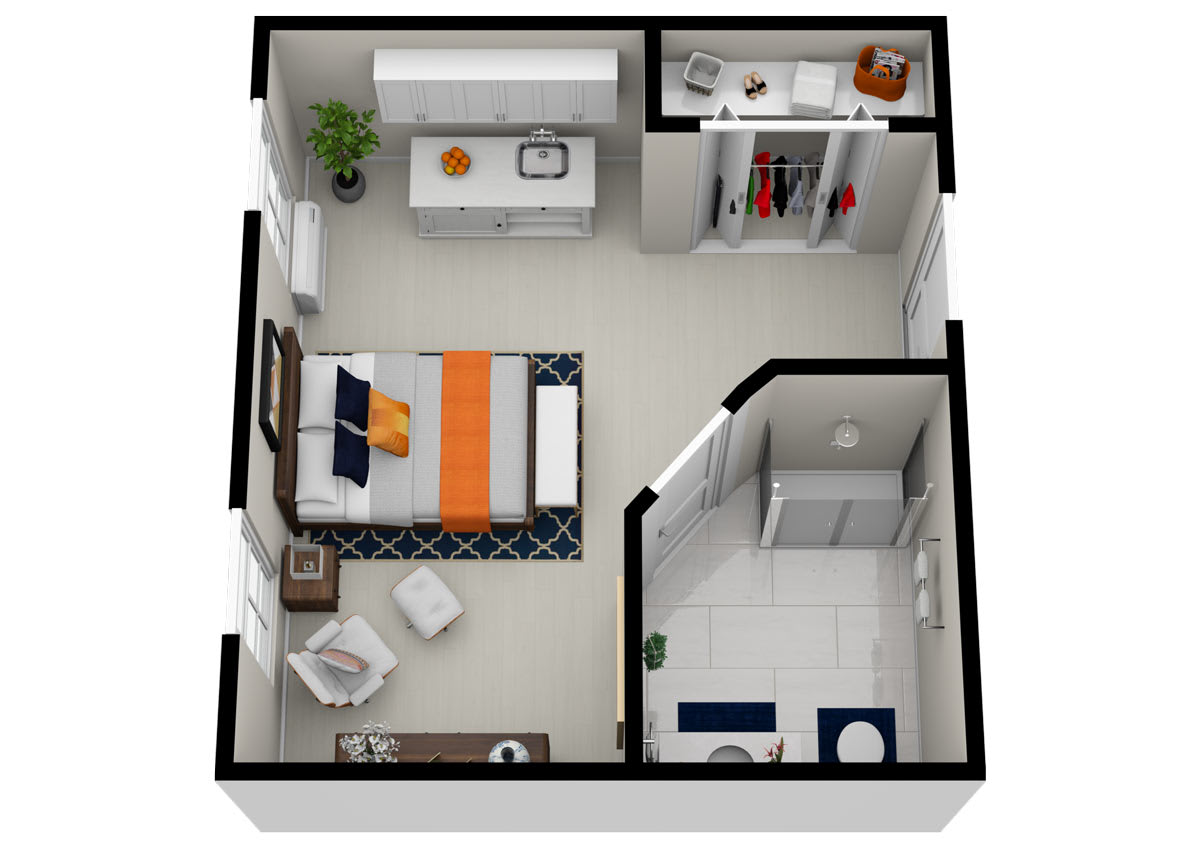 A top view of a small apartment floor plan featuring a bedroom, bathroom, and closet space.