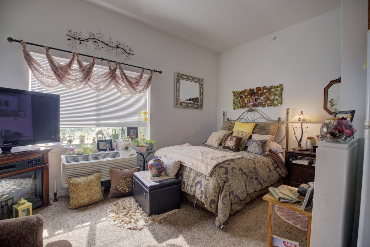 A cozy and well-decorated bedroom with natural light streaming in through a large window.