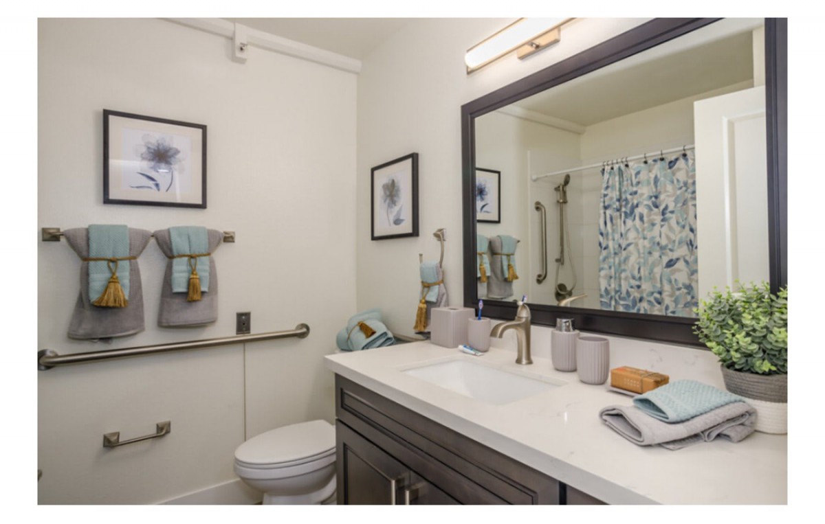 A modern bathroom with a large mirror, sink, and decorative elements.