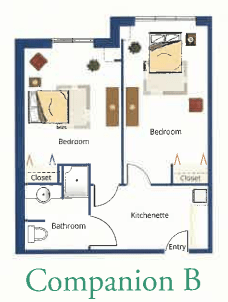 A floor plan of a two-bedroom apartment with labeled rooms and furniture arrangement.