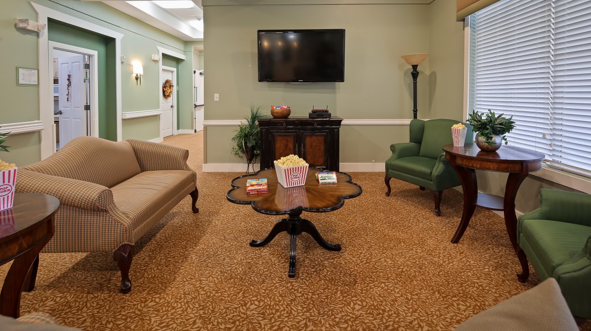 A cozy living room with a television, sofa, chairs, and a coffee table on a carpeted floor.