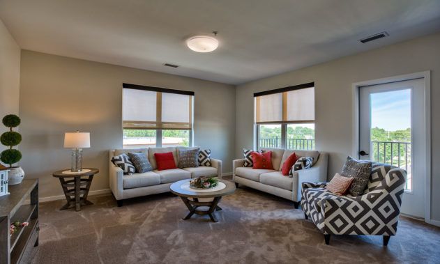 A cozy living room featuring two sofas, an armchair, and a central coffee table, with decorative pillows adding a touch of color.