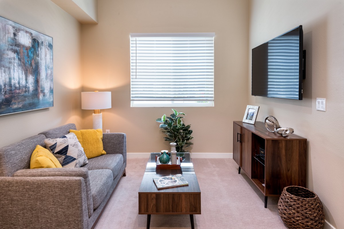 A cozy living room with modern decor and a comfortable seating arrangement.
