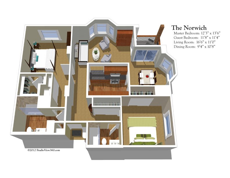 3D floor plan of a two-bedroom apartment with detailed room layouts.