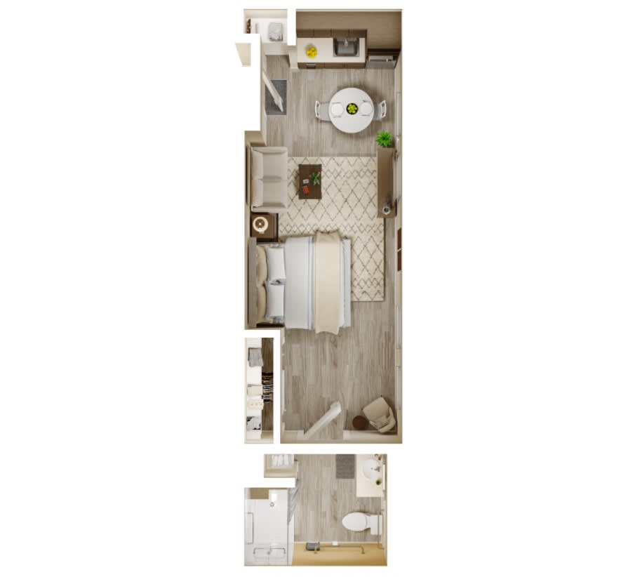Overhead view of a studio apartment floor plan with designated living, sleeping, and kitchen areas.