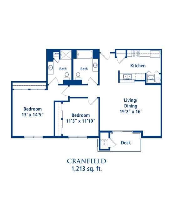 A floor plan of a two-bedroom apartment with a kitchen, living/dining area, and bathrooms.