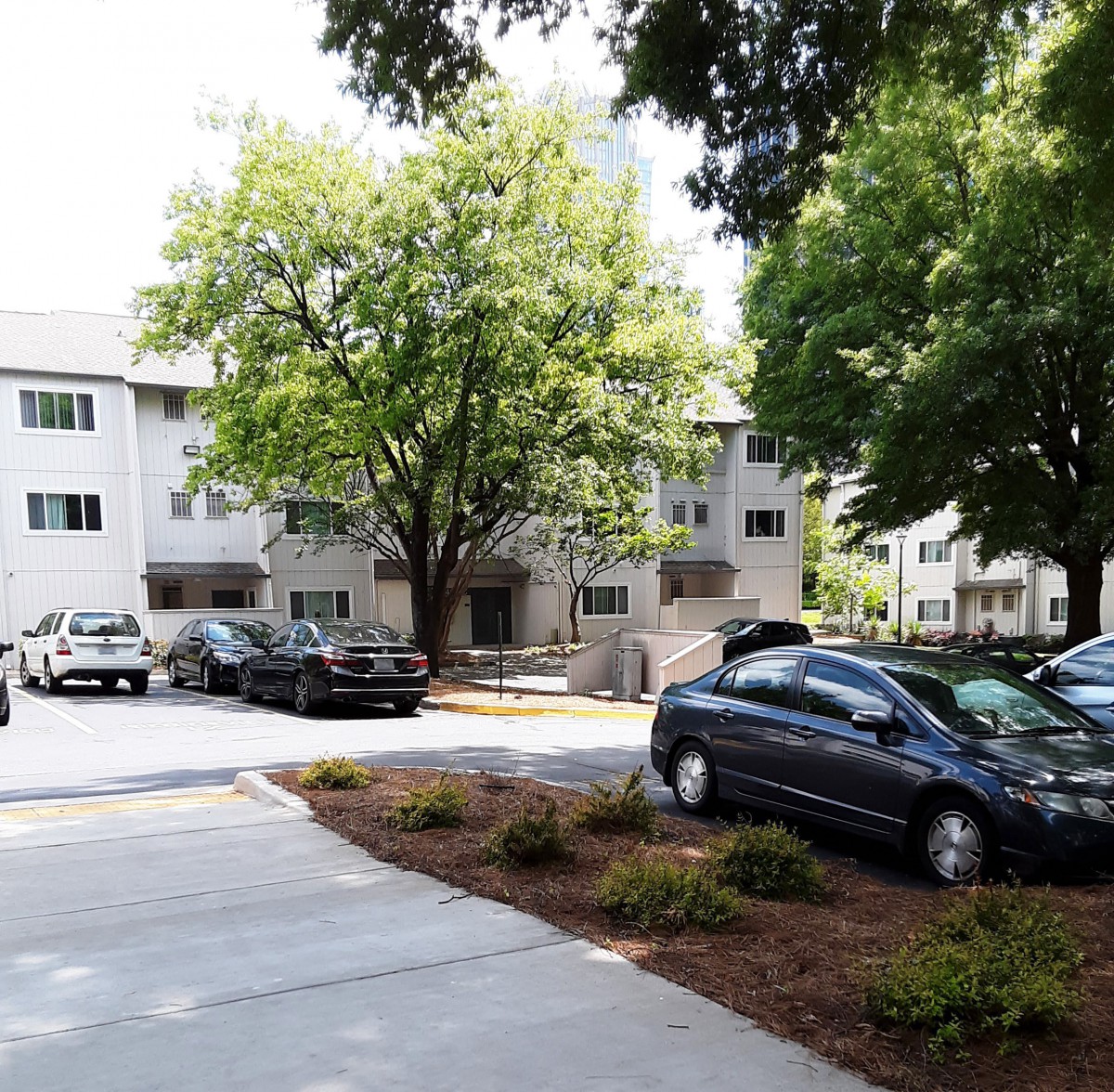 A residential apartment complex with a parking lot and surrounding trees.